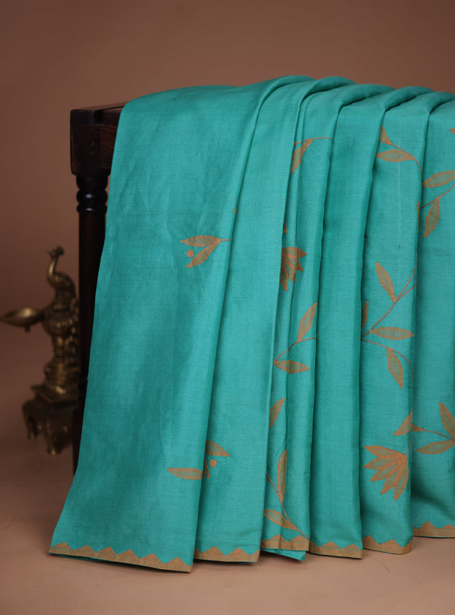Teal Blue Tussar Silk Saree