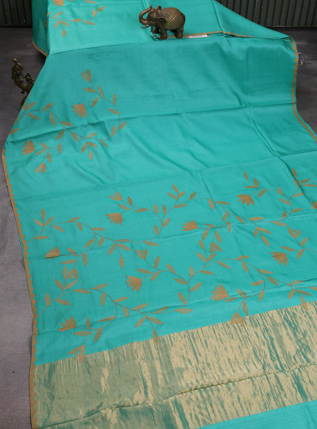Teal Blue Tussar Silk Saree
