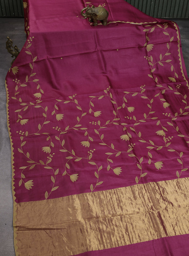 Dark Pink Tussar Silk Saree
