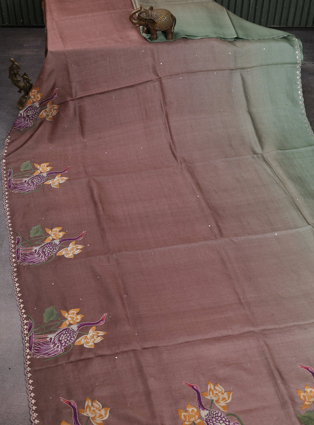 Brown-Pastel Green Tussar Silk Saree