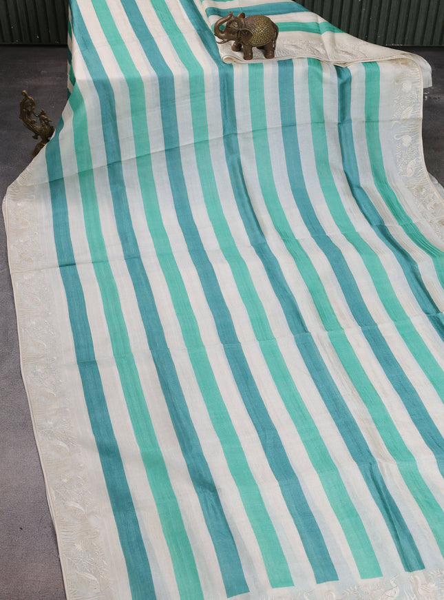 Off White -Green Tussar Silk Saree