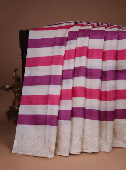 Cream-Pink Tussar Silk Saree