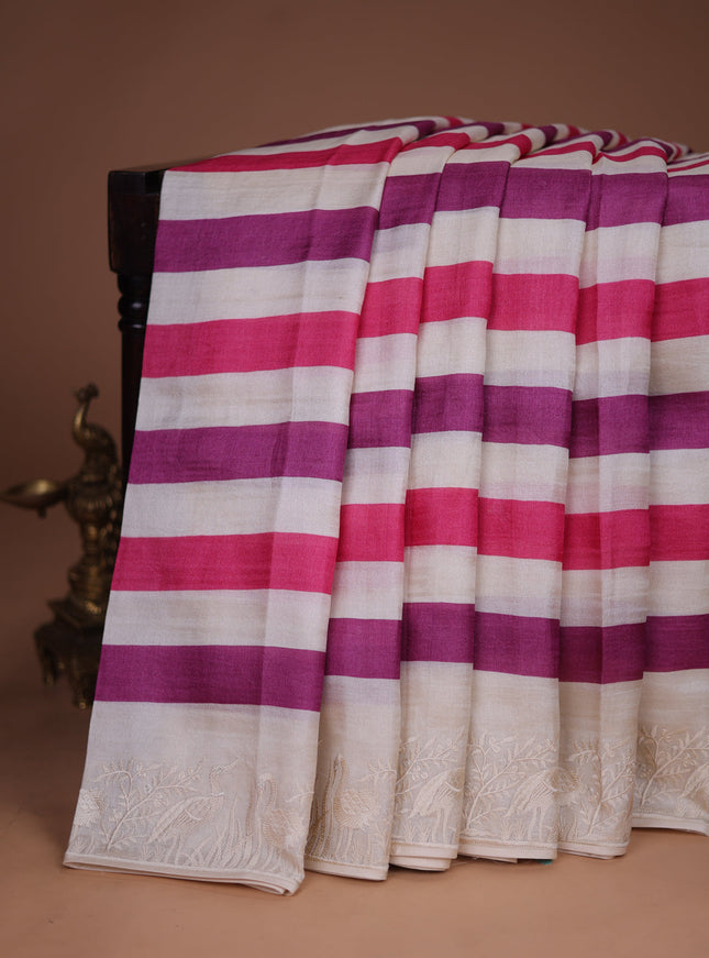 Cream-Pink Tussar Silk Saree