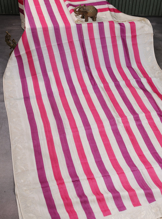 Cream-Pink Tussar Silk Saree