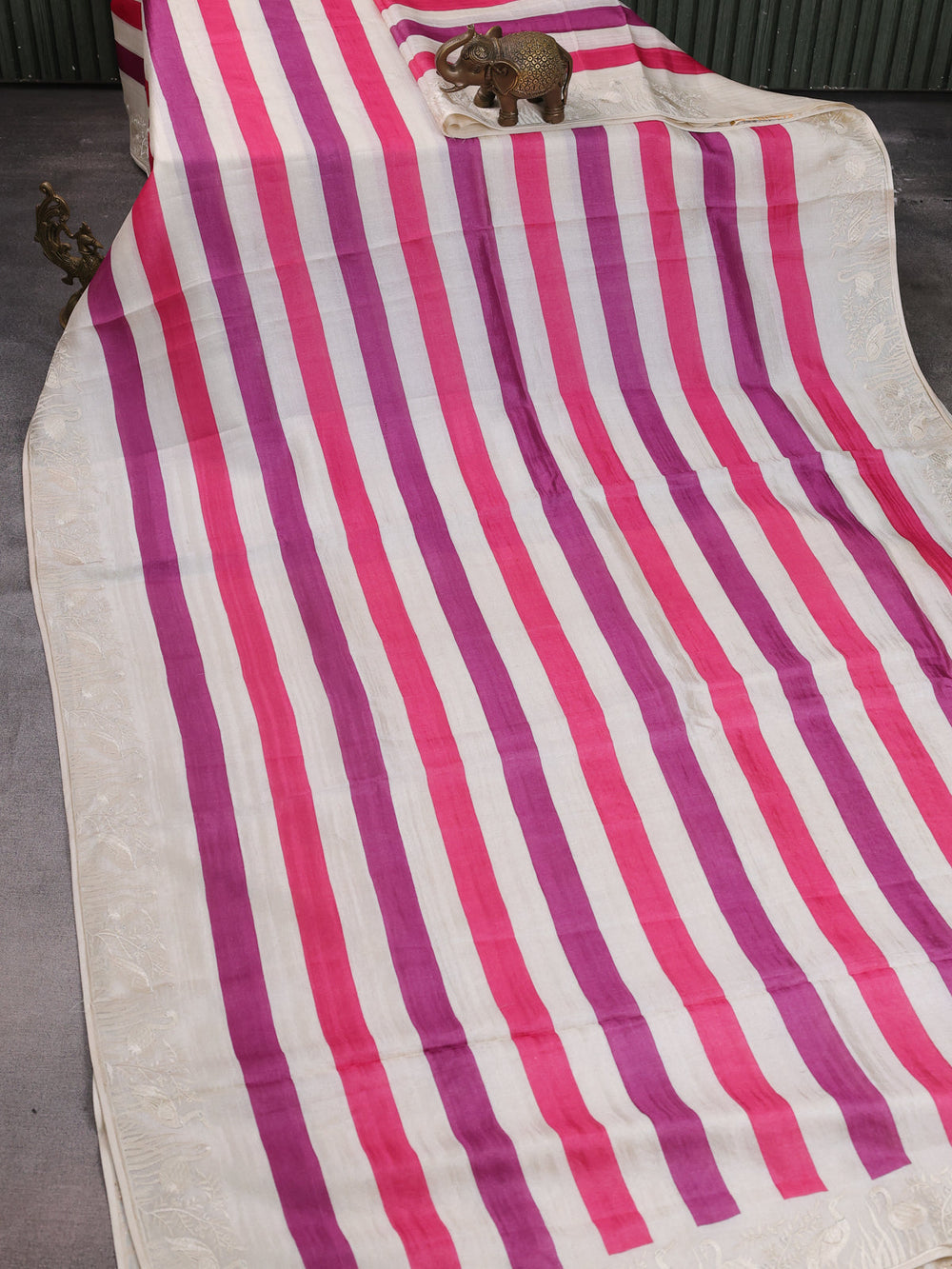 Cream-Pink Tussar Silk Saree