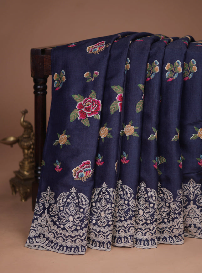 Dark Blue Tussar Silk Saree
