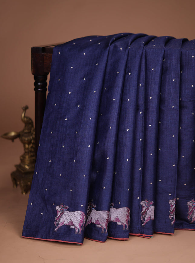 Navy Blue Tussar Silk Saree