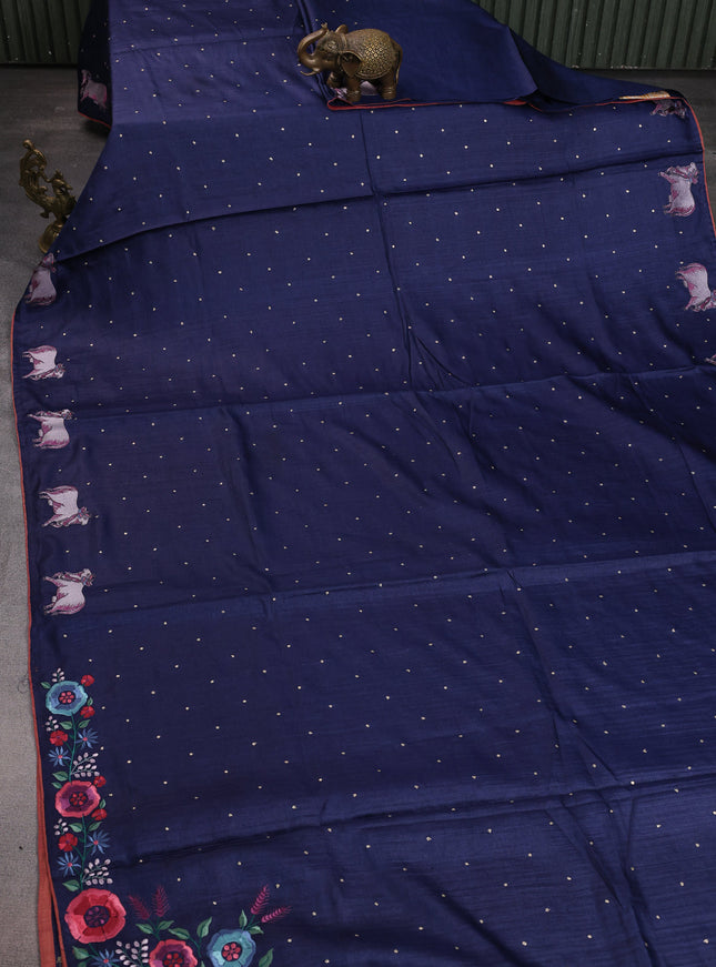 Navy Blue Tussar Silk Saree