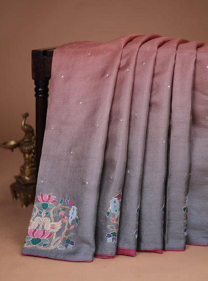 Peach -Grey Tussar Silk Saree
