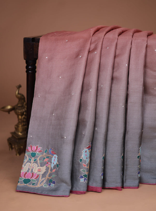 Peach -Grey Tussar Silk Saree