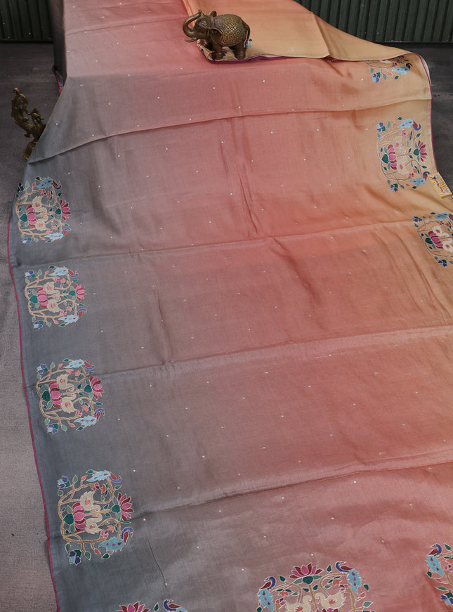 Peach -Grey Tussar Silk Saree