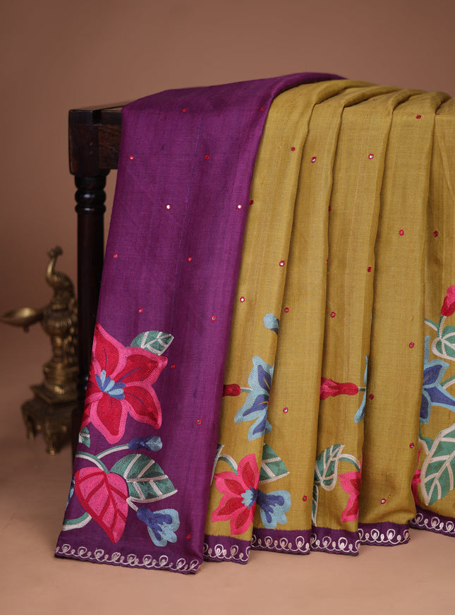 Mustard Yellow-Purple Tussar Silk Saree