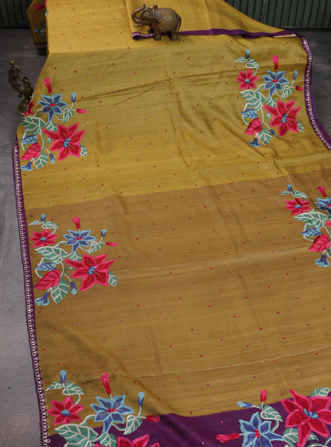 Mustard Yellow-Purple Tussar Silk Saree