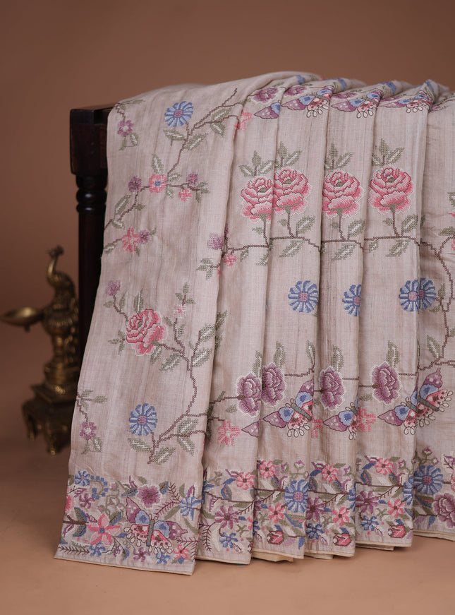 Beige Tussar Silk Saree