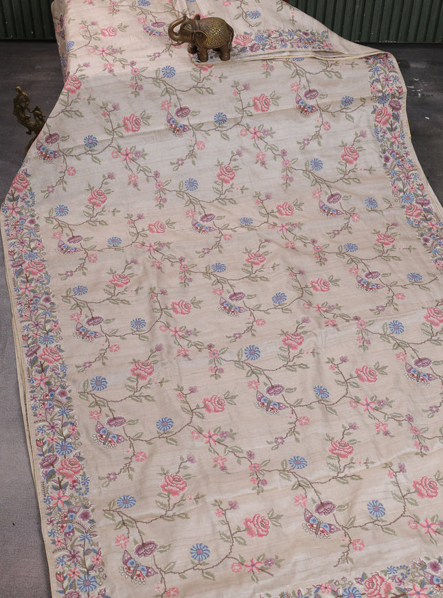 Beige Tussar Silk Saree