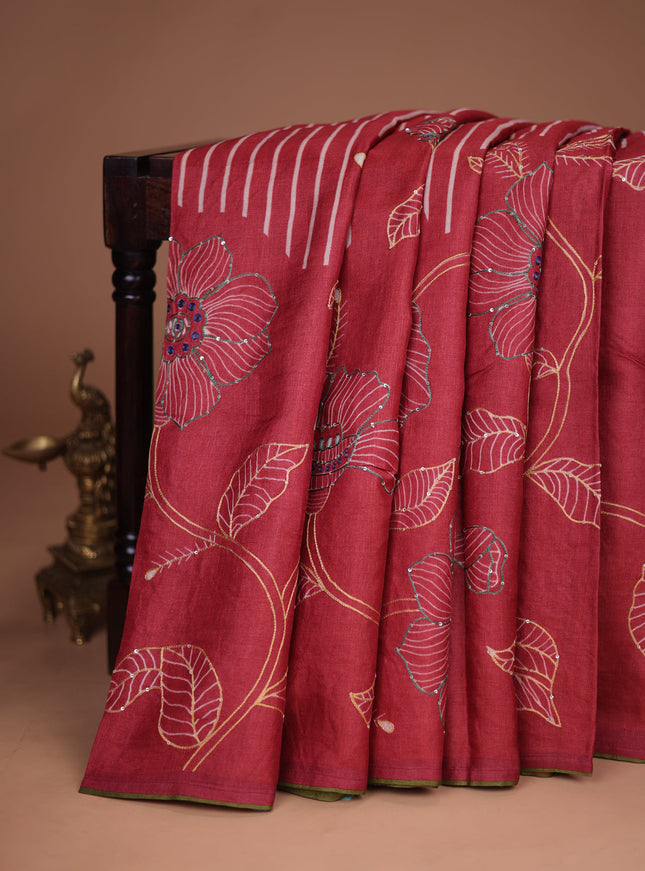 Maroon Tussar Silk Saree