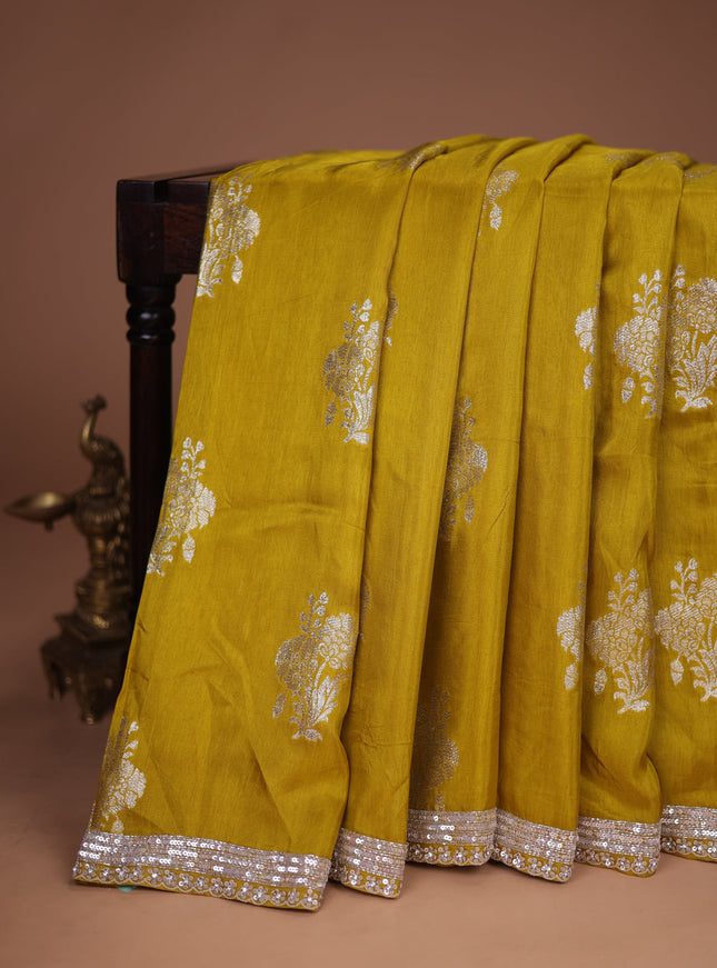 Lime Yellow Banarasi Silk Saree With Embroidered Readymade Blouse