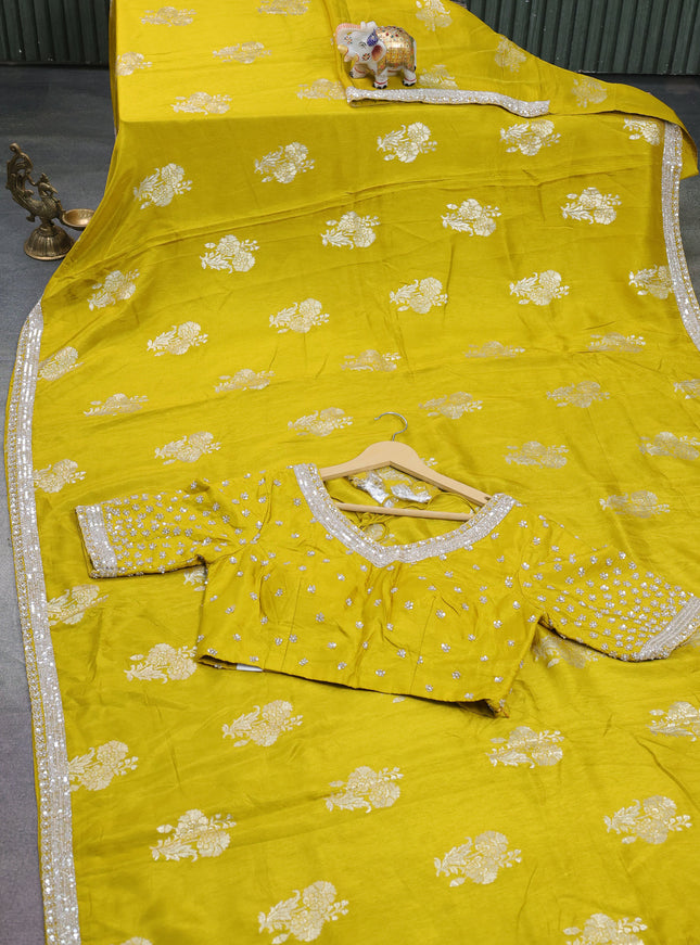 Lime Yellow Banarasi Silk Saree With Embroidered Readymade Blouse