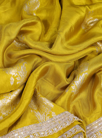 Lime Yellow Banarasi Silk Saree With Embroidered Readymade Blouse