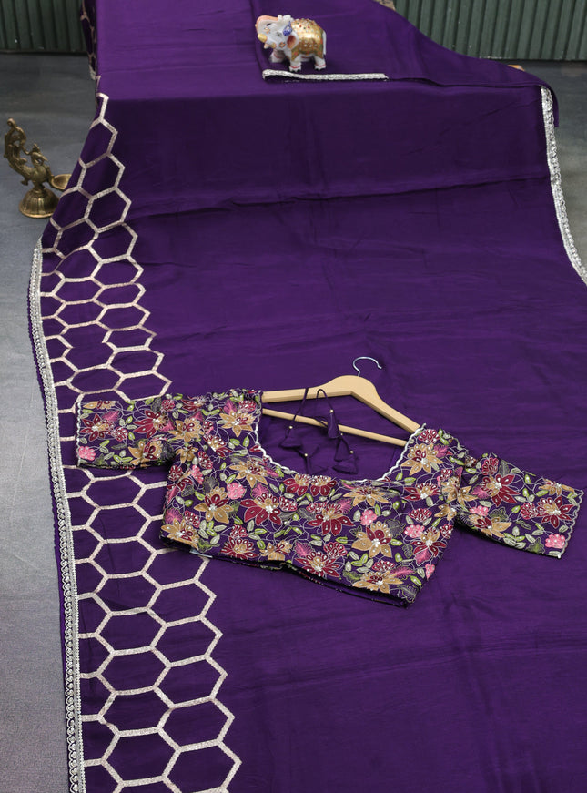 Violet Banarasi Silk Saree With Embroidered Readymade Blouse