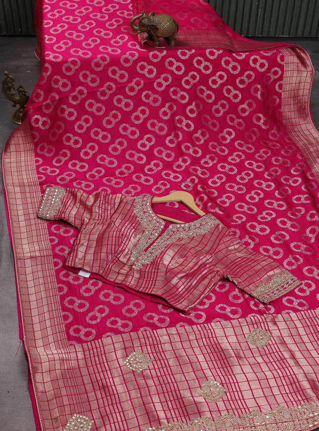 Pink Banarasi Silk Saree With Embroidered Readymade Blouse