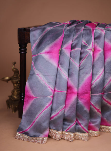 Grey-Pink Tussar Silk Saree With Embroidered Readymade Blouse