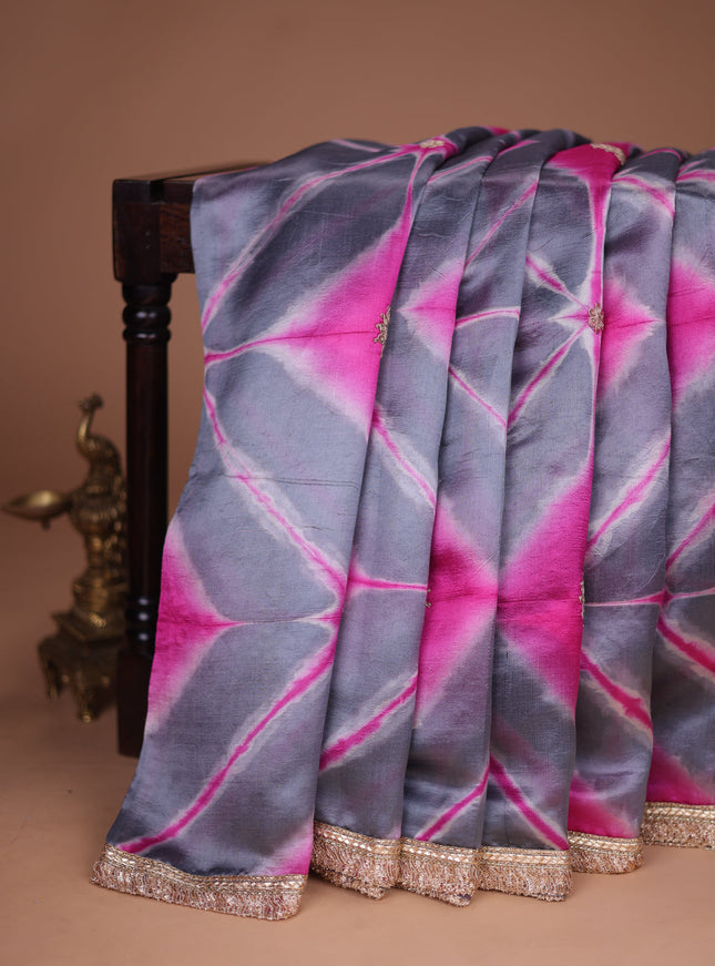 Grey-Pink Tussar Silk Saree With Embroidered Readymade Blouse