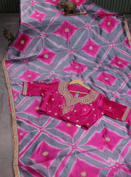 Grey-Pink Tussar Silk Saree With Embroidered Readymade Blouse