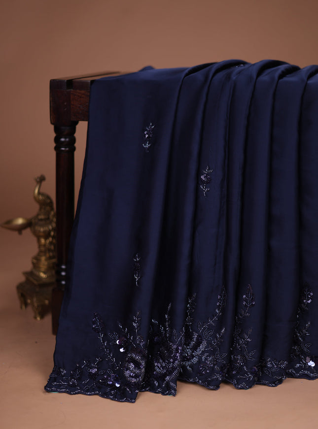 Peacock Blue Satin Silk Saree With Embroidered Readymade Blouse