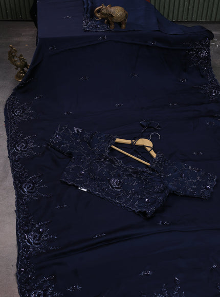 Peacock Blue Satin Silk Saree With Embroidered Readymade Blouse