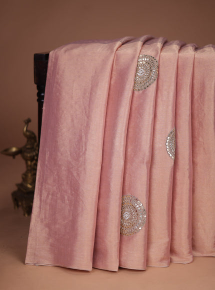 Peach -Pink Tissue Silk Saree With Embroidered Readymade Blouse