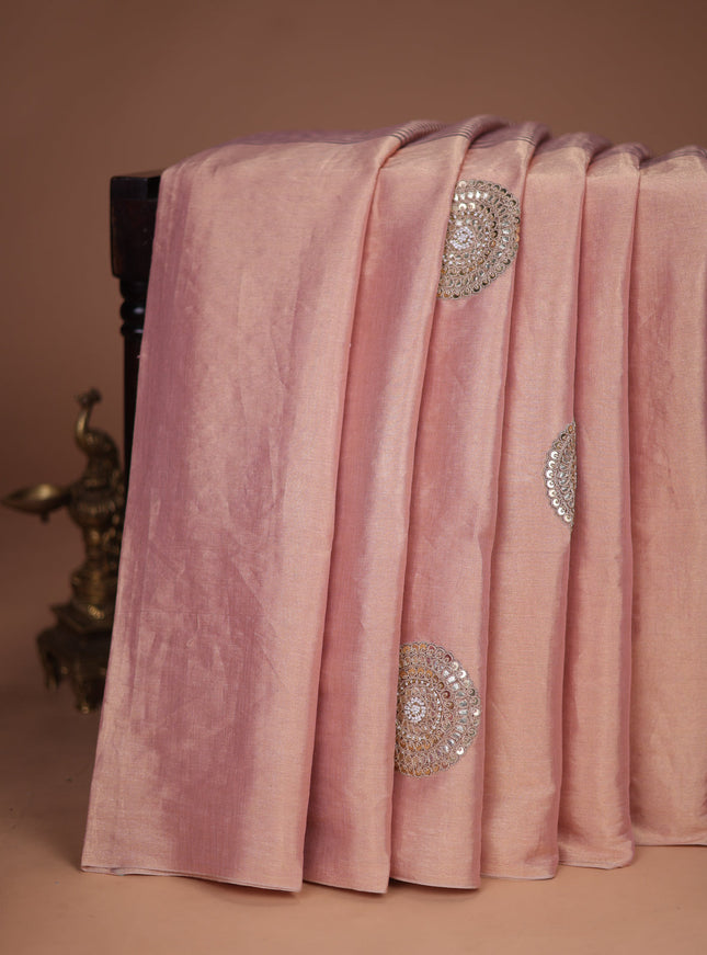 Peach -Pink Tissue Silk Saree With Embroidered Readymade Blouse