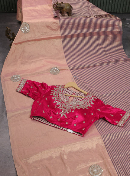 Peach -Pink Tissue Silk Saree With Embroidered Readymade Blouse