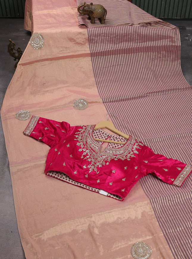 Peach -Pink Tissue Silk Saree With Embroidered Readymade Blouse