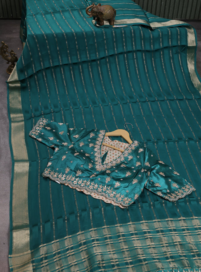 Peacock Green Satin Organza Silk Saree With Embroidered Readymade Blouse