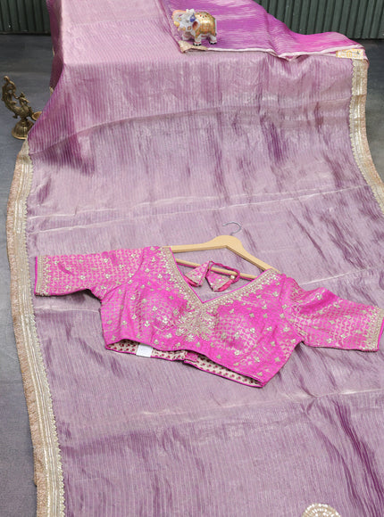 Lavender-Pink Tissue Silk Saree With Embroidered Readymade Blouse