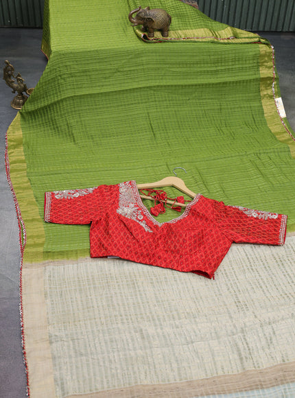 Green-Red Tussar Silk Saree With Embroidered Readymade Blouse