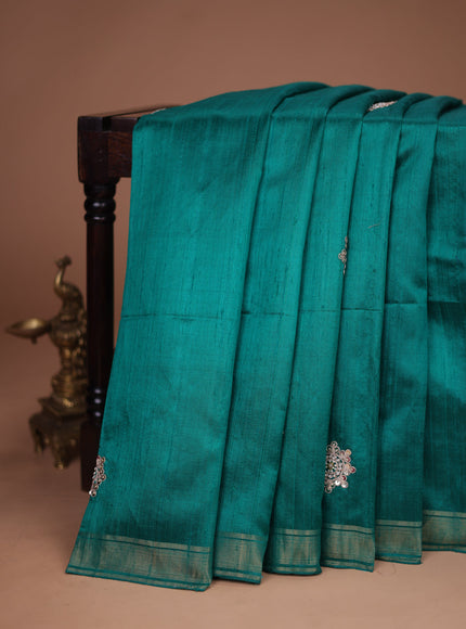 Teal Green-Pink Raw Silk Saree With Embroidered Readymade Blouse