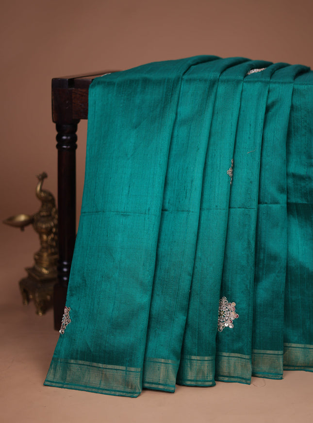 Teal Green-Pink Raw Silk Saree With Embroidered Readymade Blouse