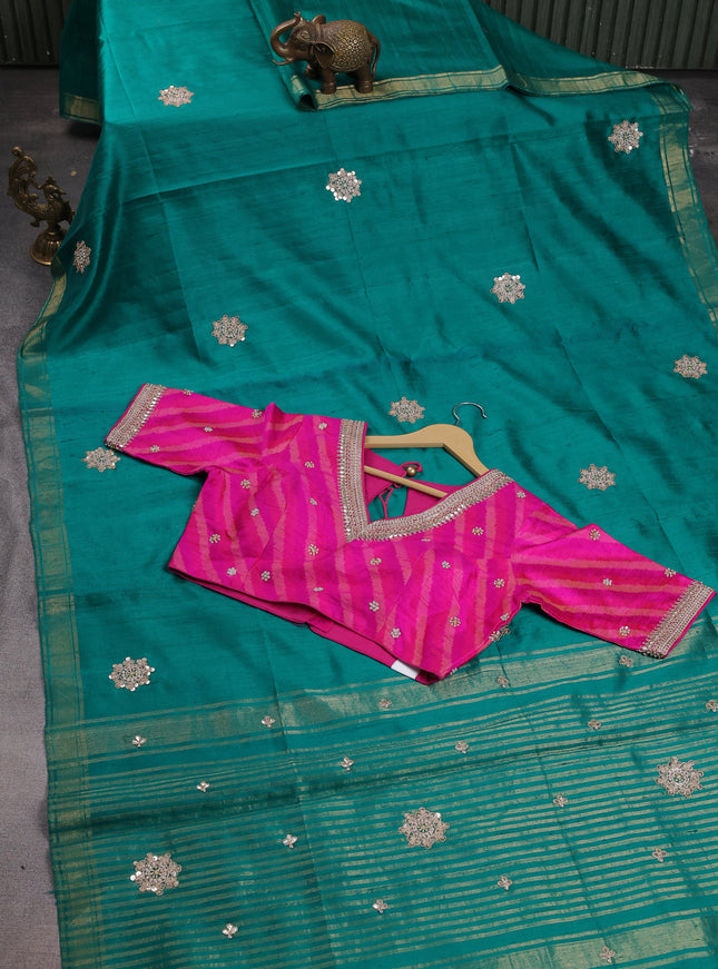 Teal Green-Pink Raw Silk Saree With Embroidered Readymade Blouse