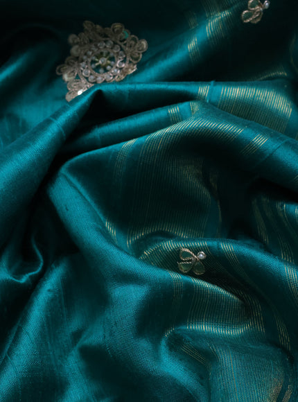 Teal Green-Pink Raw Silk Saree With Embroidered Readymade Blouse