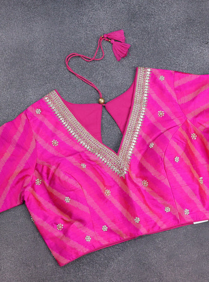 Teal Green-Pink Raw Silk Saree With Embroidered Readymade Blouse