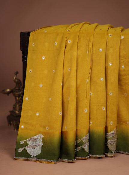 Yellow-Sap Green Tussar Silk Saree With Embroidered Readymade Blouse