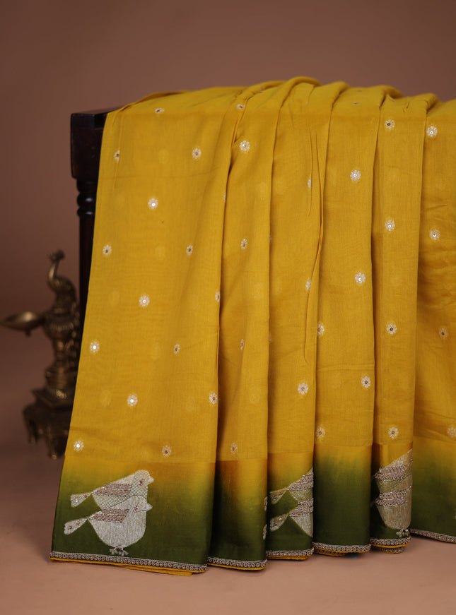 Yellow-Sap Green Tussar Silk Saree With Embroidered Readymade Blouse