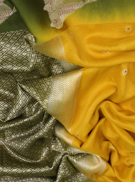 Yellow-Sap Green Tussar Silk Saree With Embroidered Readymade Blouse