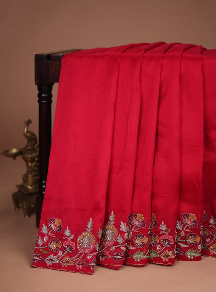 Red Tussar Silk Saree With Embroidered Readymade Blouse