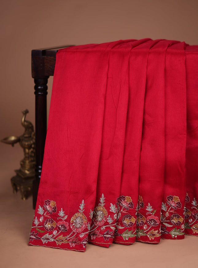 Red Tussar Silk Saree With Embroidered Readymade Blouse