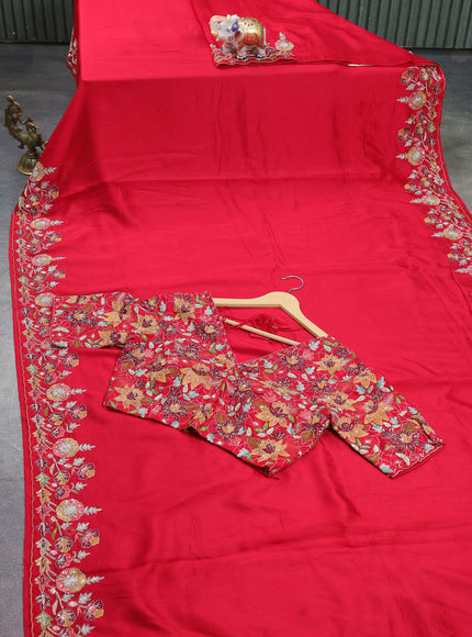 Red Tussar Silk Saree With Embroidered Readymade Blouse