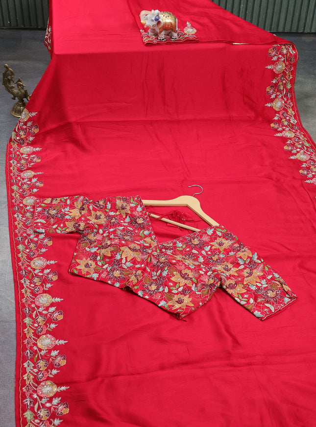 Red Tussar Silk Saree With Embroidered Readymade Blouse