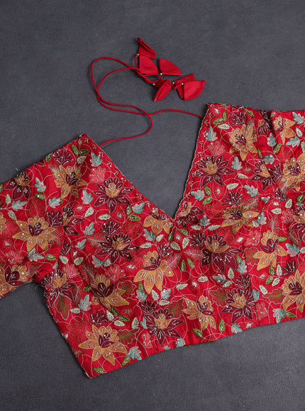 Red Tussar Silk Saree With Embroidered Readymade Blouse